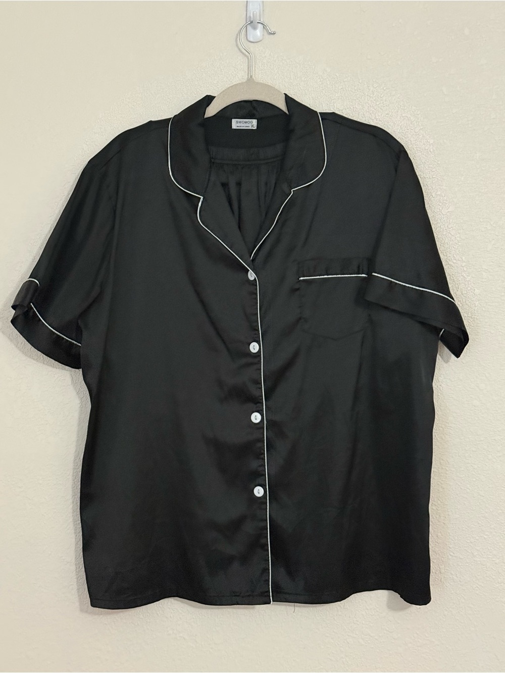 Women's Black Satin Short Sleeve Pajama Top with Contrast Piping